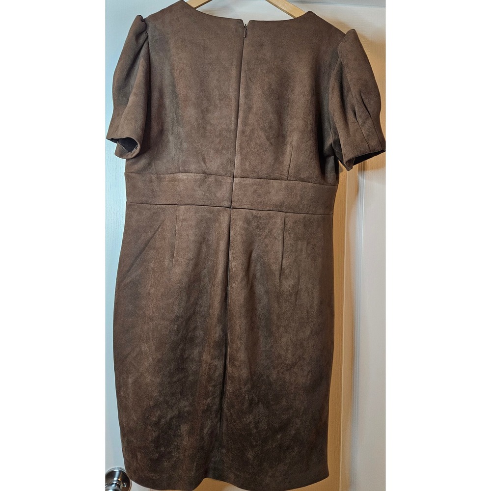 DKNY Brown Faux Suede V-Neck Puff Sleeve Mini Sheath Dress Sz 16 Party Sexy Chic - Picture 5 of 9